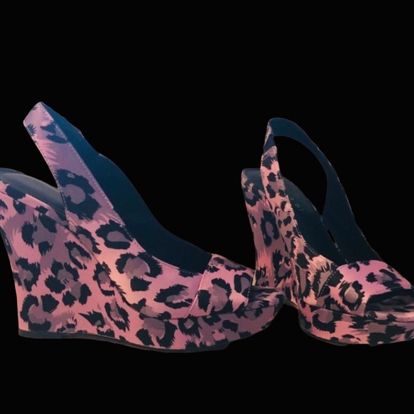ηεω A+O Pink Leopard Slingback Peep-Toe Wedge Vintage Alice + Olivia Excellent - Picture 6 of 16